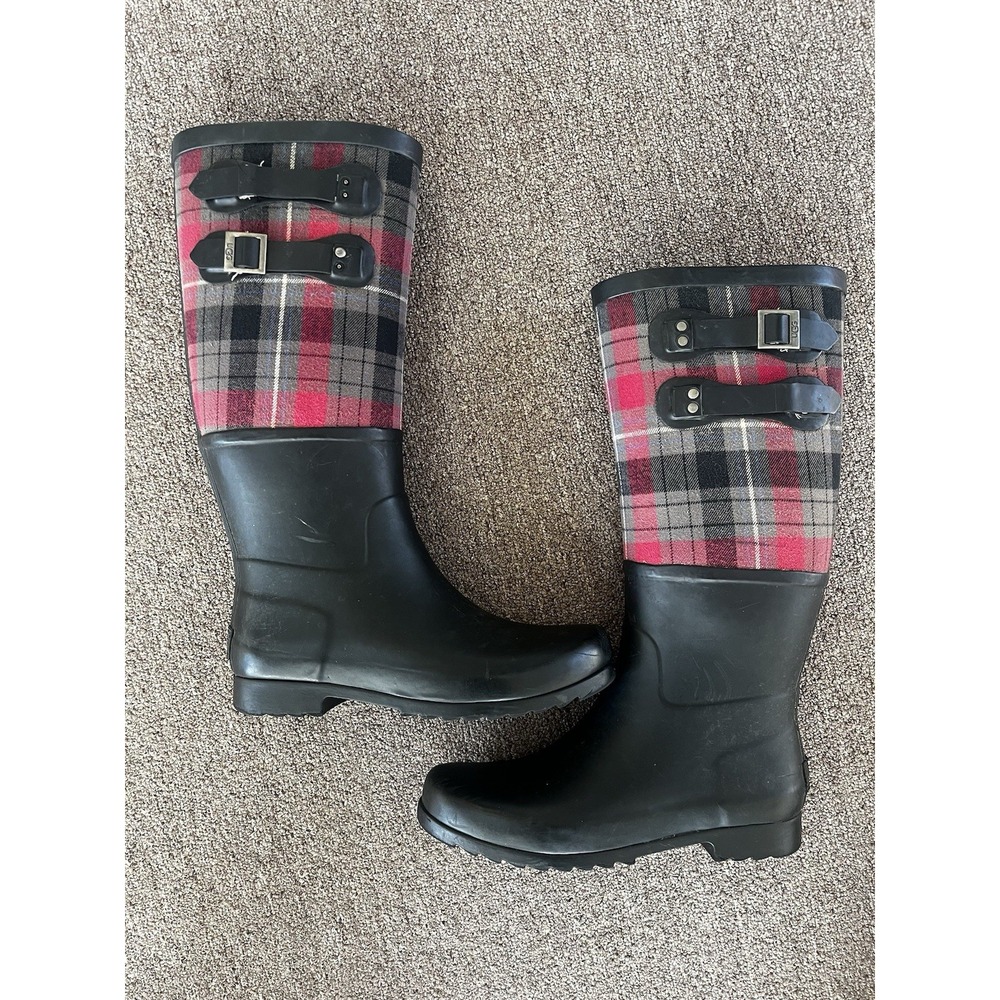 UGG Australia Sabene Black Red Rain Boots Plaid Size 8‎